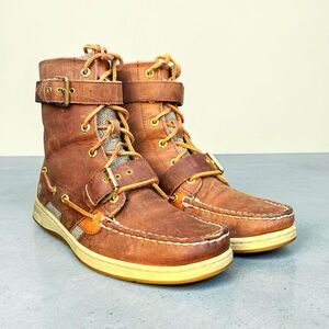 Sperry Top-Sider Women's 8.5 Brown Leather Lace Up Buckle Boat Boots Zip